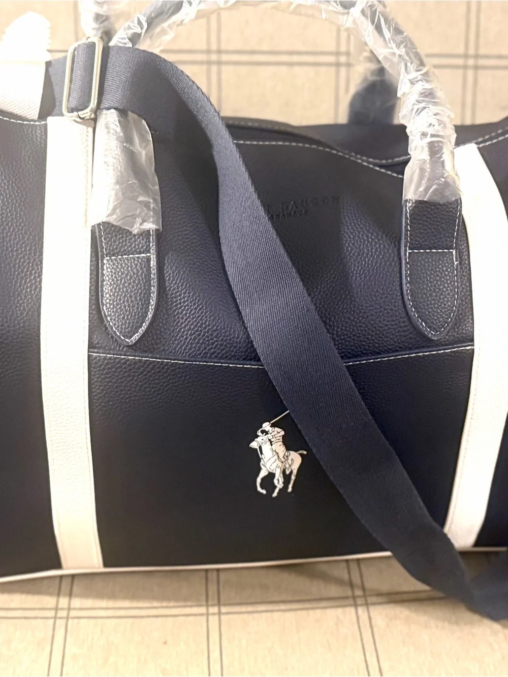 Classic !Ralph Lauren Navy and White Polo Large Vegan Leather Duffel Bag